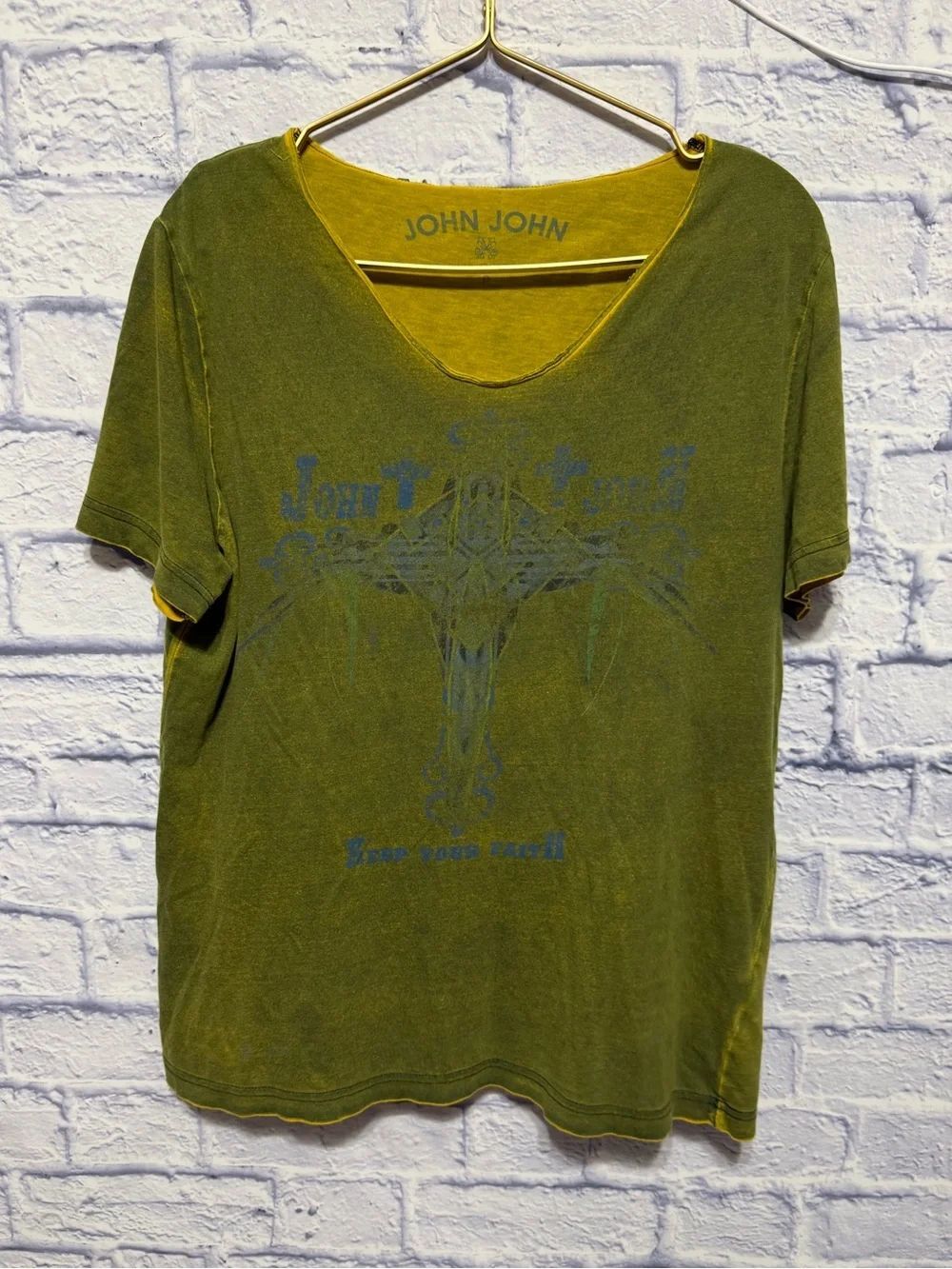 John John denim Pima cotton keep your faith heavy distressed shirt